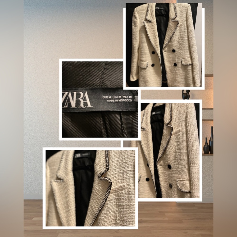 Zara Textured Cream Blazer with Black Details - Picture 1 of 8